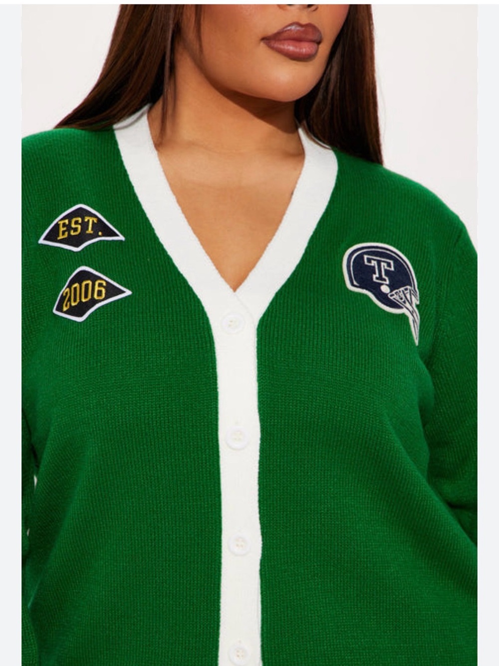Fashion Nova Green and White Patch V-Neck Cardigan